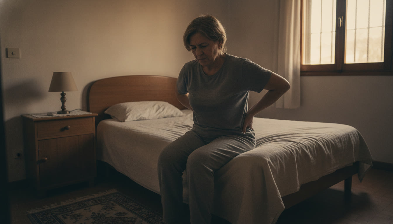 mujer con ropa de casa sentada en el borde de la cama, mano en la lumbar