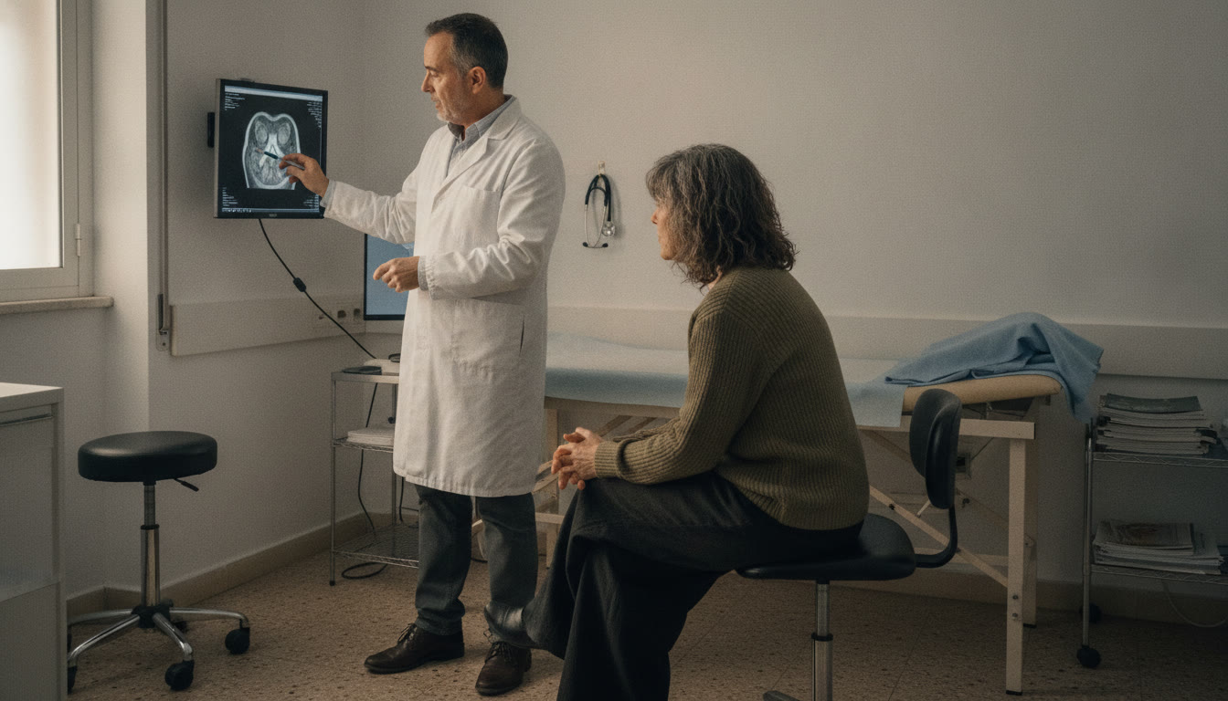consulta médica real: el médico explica una resonancia en pantalla a una paciente corriente