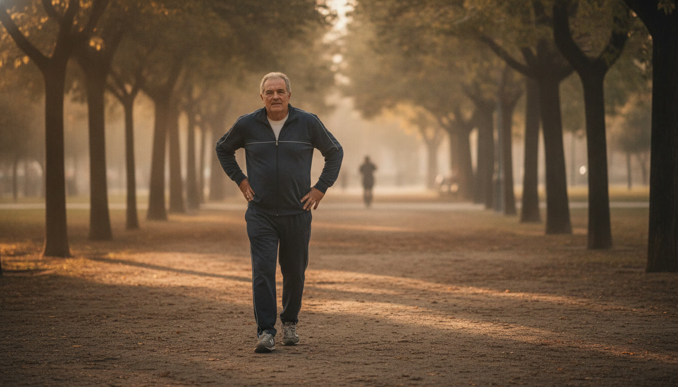 hombre en chándal caminando despacio por un parque urbano normal