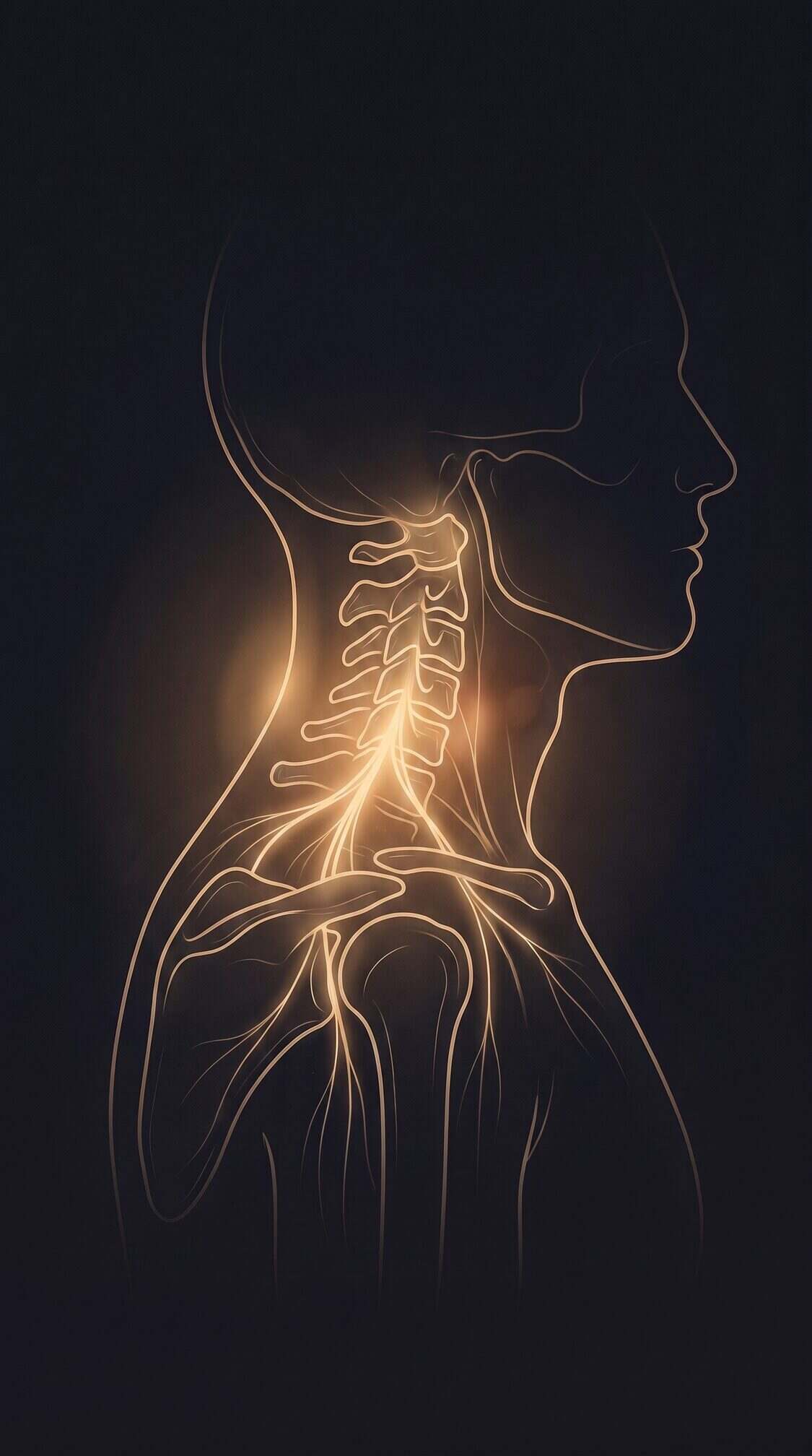 Ilustración sobria de perfil de la cabeza y la columna cervical en línea dorada sobre fondo oscuro; las vértebras del cuello brillan con un resplandor cálido y unas raíces nerviosas se irradian hacia el hombro, representando el dolor cervical