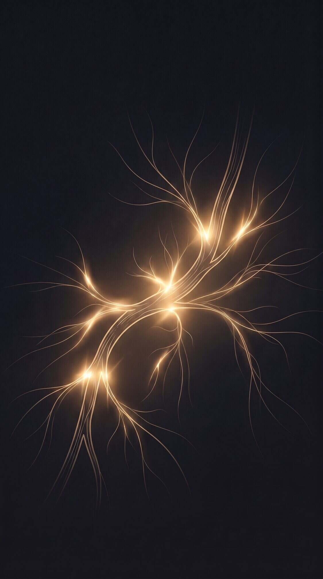 Ilustración abstracta de un nervio periférico y sus ramificaciones como filamentos de luz dorada sobre fondo oscuro, con destellos punzantes a lo largo del trayecto, representando el dolor neuropático