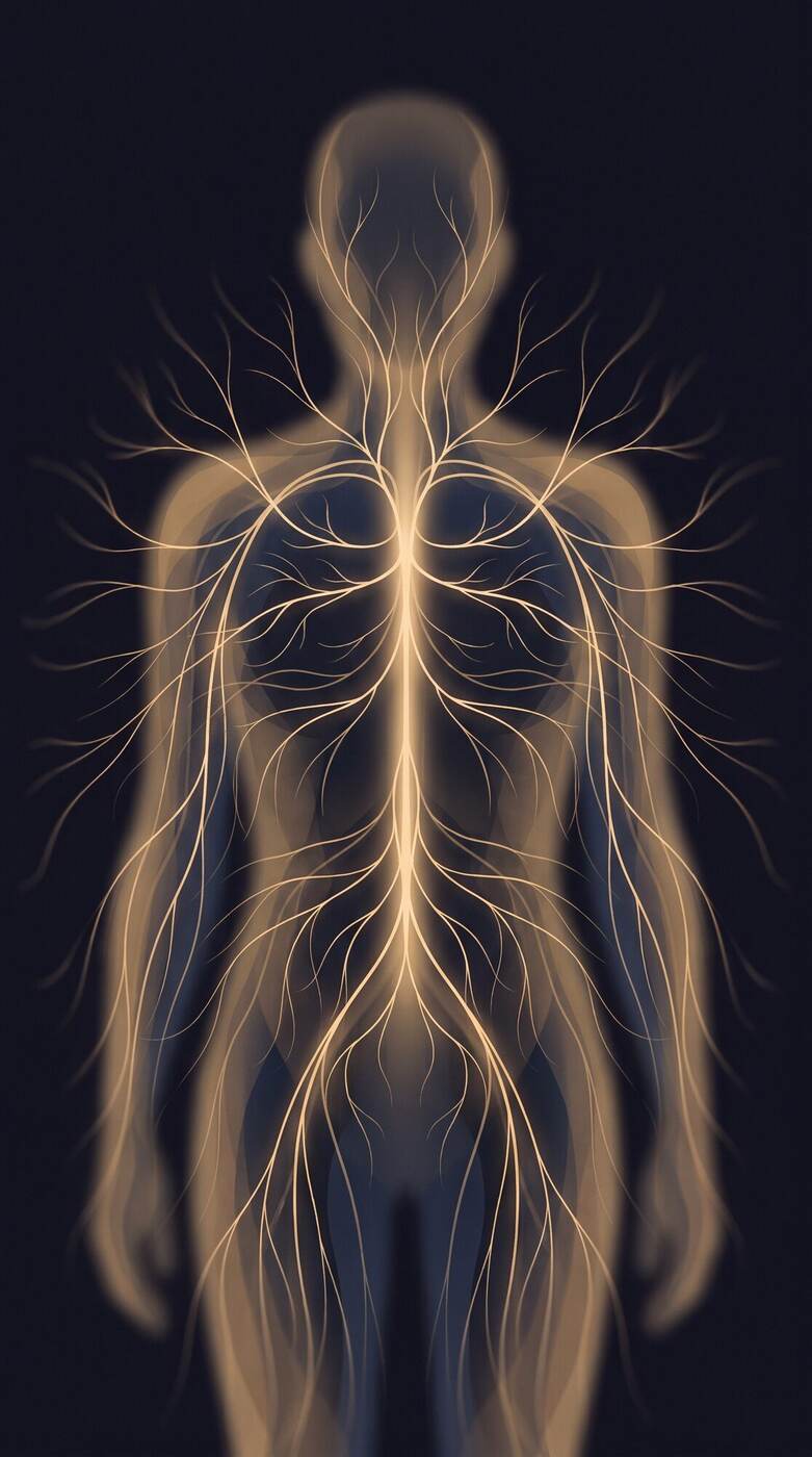 Ilustración sobria del sistema nervioso recorriendo todo el cuerpo con finos filamentos dorados sobre fondo oscuro, que representa el dolor generalizado de la fibromialgia y la sensibilización central