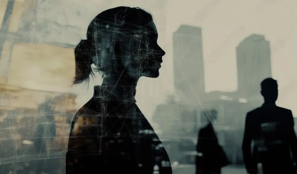 “Imagen simbólica de un proceso terapéutico integral, con la figura de una persona reflejada en un paisaje urbano, representando la conexión entre la mente y el entorno.”